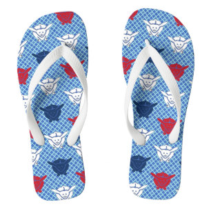Japanischer Hasendruck, blau mit rot und weiß Flip Flops