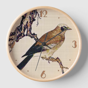 Japanischer Holzschnitt aus Finch, Braun und Beige Uhr
