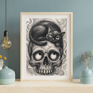 Japanischer Katzen-Schädel-Kunstprint, gothischer Poster