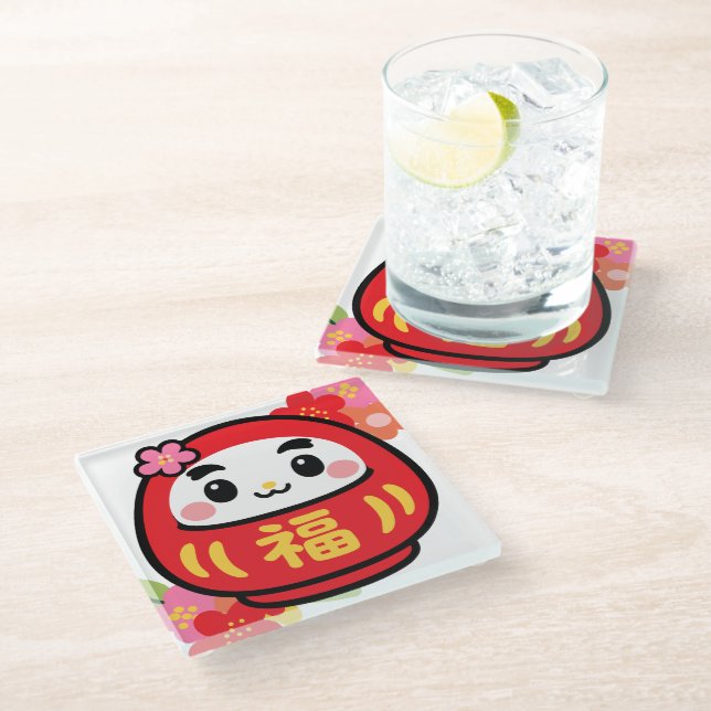 Japanischer Kawaii Daruma Glasuntersetzer (Schrägansicht)