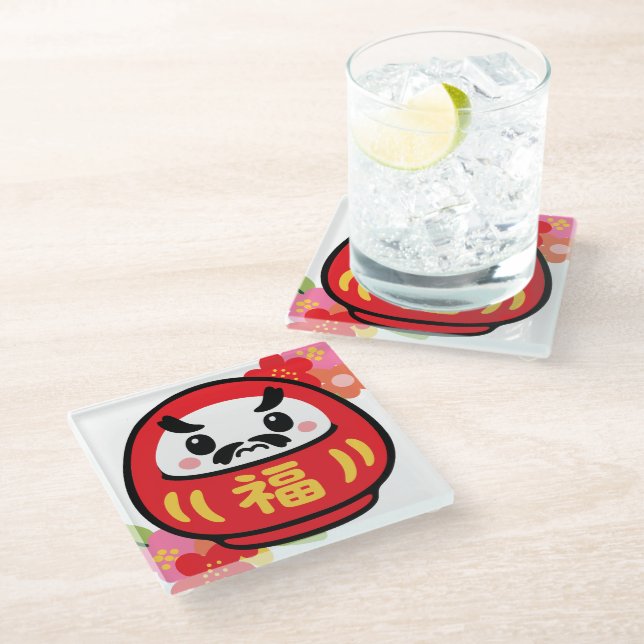 Japanischer Kawaii Daruma Glasuntersetzer (Schrägansicht)