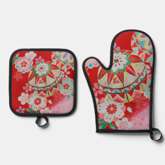 Japanischer KIMONO Stoff, Blumenmuster Ofenhandschuh & Topflappen-Set