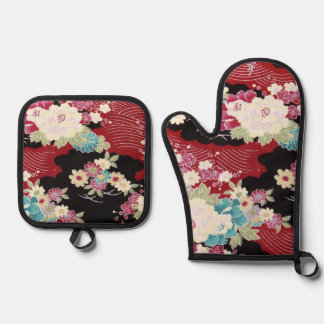 Japanischer KIMONO Stoff, Blumenmuster Ofenhandschuh & Topflappen-Set