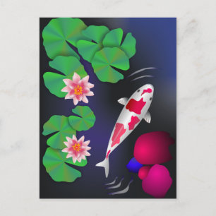 Japanischer Koi-Fisch, Lotus-Blume und Seerosen Postkarte