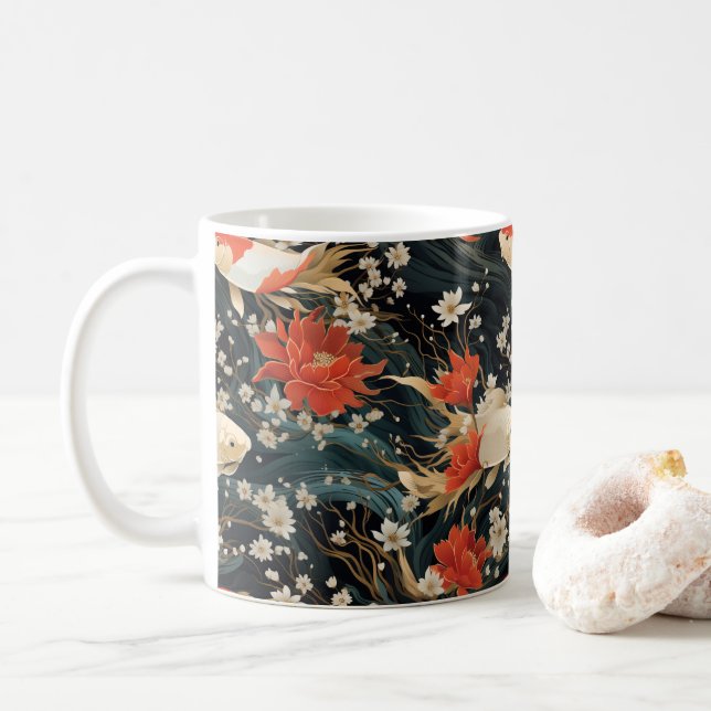 Japanischer Koi Fisch Nahtloses Muster Kaffeetasse (Mit Donut)