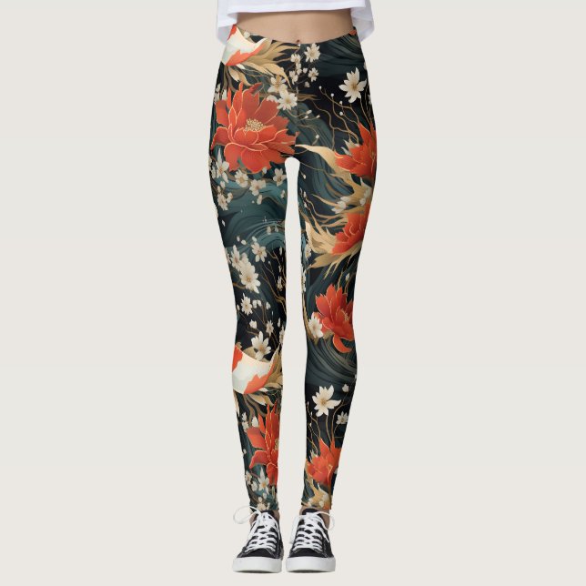 Japanischer Koi Fisch Nahtloses Muster Leggings (Vorderseite)