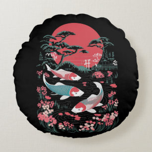 Japanischer Koi Fisch - Rote Sonne und Sakura-Teic Rundes Kissen