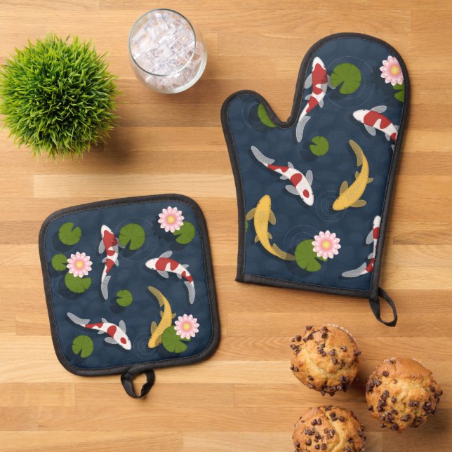 Japanischer Koi Fish Pond Ofenhandschuh & Topflappen-Set (Oben Unten)