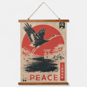 Japanischer Kranich Friedens Kunst Wabi Sabi Rot Wandteppich Mit Holzrahmen