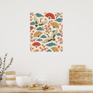 Japanischer Kranich Sakura Muster Poster – Traditi