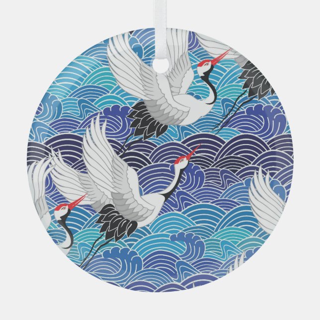 Japanischer Kranich: Verziertes Vogelmuster. Ornament Aus Glas (Vorderseite)