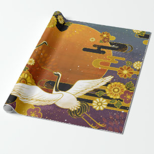 Japanischer Kranich Vogel farbenfroher Himmel Illu Geschenkpapier
