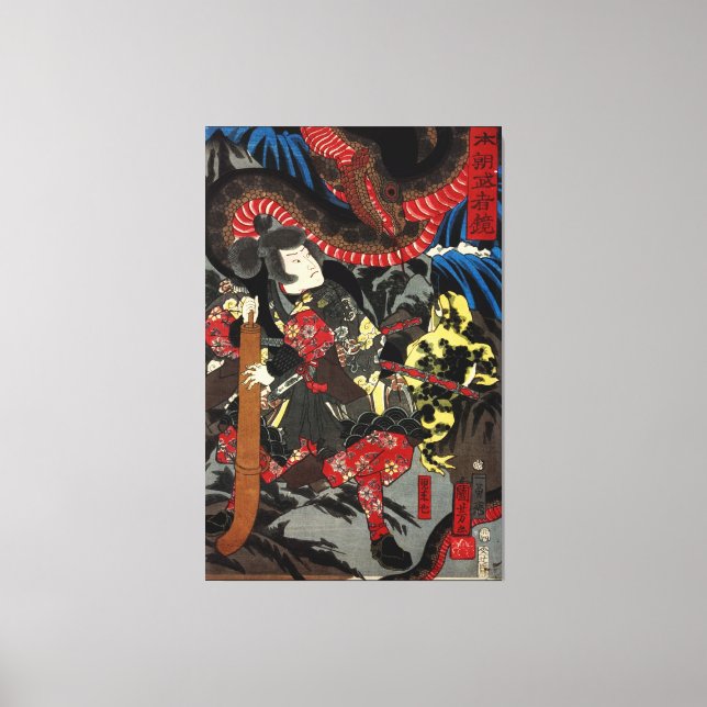 Japanischer Krieger kämpft gegen Riesenschlange Leinwanddruck (Vorderseite)