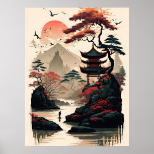 Japanischer Landschaftskunst-Druck – Zen-Tempel Poster