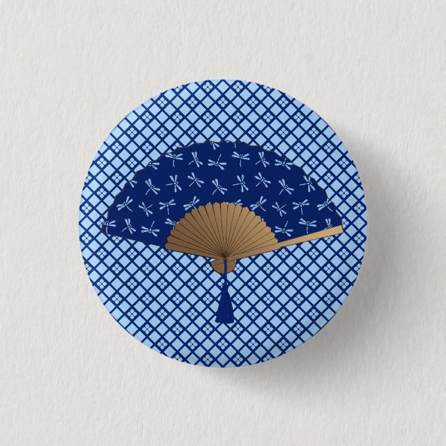 Japanischer Lüfter, Dragonfly-Muster, Cobalt Blue Button (Vorderseite)