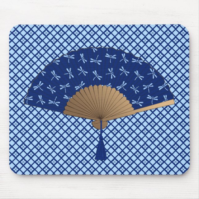 Japanischer Lüfter, Dragonfly-Muster, Cobalt Blue Mousepad (Vorne)