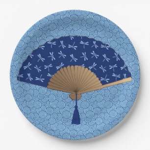 Japanischer Lüfter, Dragonfly-Muster, Cobalt Blue Pappteller