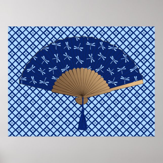 Japanischer Lüfter, Dragonfly-Muster, Cobalt Blue Poster (Vorne)