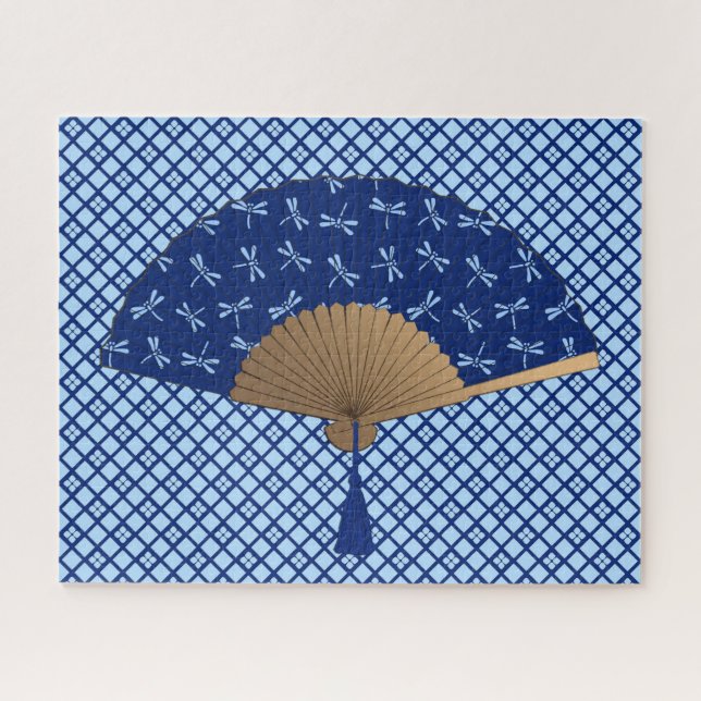 Japanischer Lüfter, Dragonfly-Muster, Cobalt Blue Puzzle (Horizontal)
