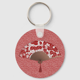 Japanischer Lüfter in Leaf Print, dunkelrot und we Schlüsselanhänger