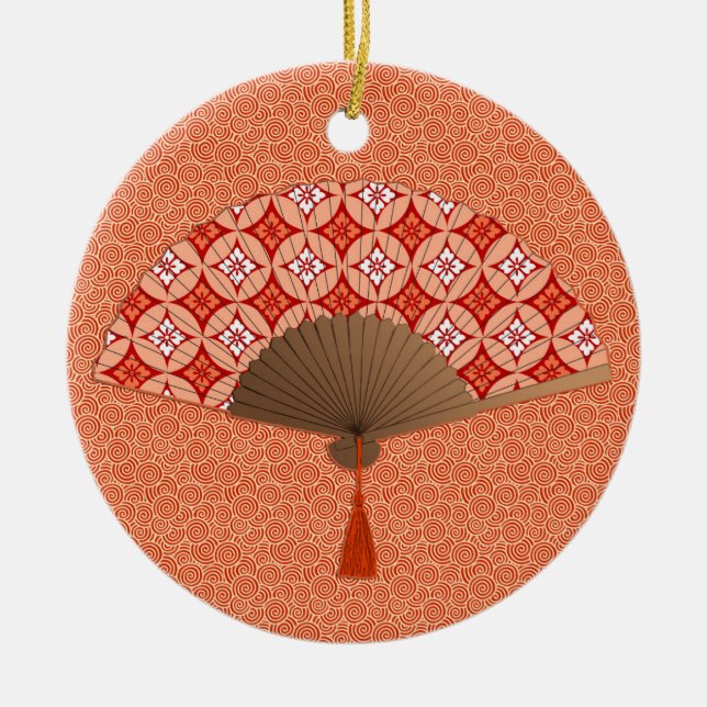 Japanischer Lüfter, Shippo Motif, Mandarin Orange Keramikornament (Vorne)
