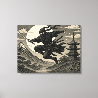 Japanischer Ninja Vollmond Fuji Leinwanddruck