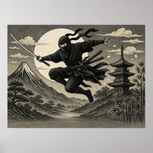 Japanischer Ninja Vollmond Fuji Poster