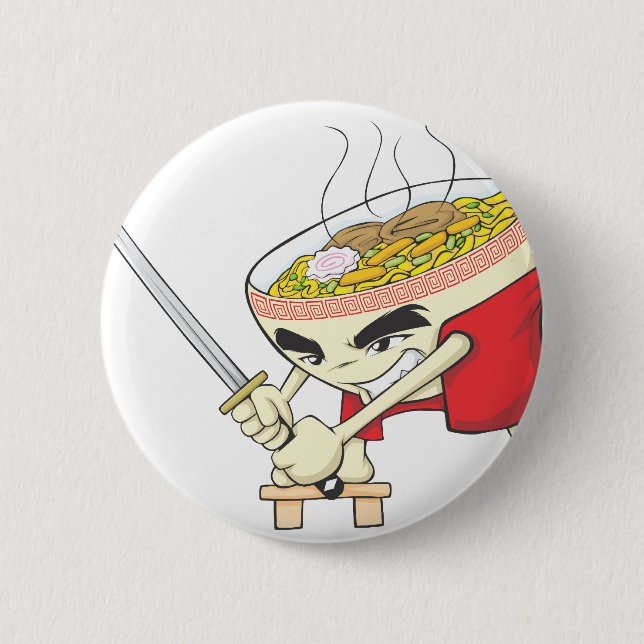 Japanischer Nudelsuppe-Kämpfer mit Samurai-Klinge Button (Vorderseite)