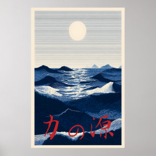 Japanischer Ozean Poster Quelle der Stärke – Blau