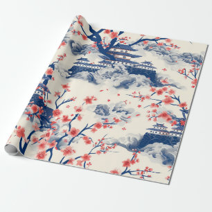 Japanischer Pagoden-Kirschblüten-Blau-Creme Geschenkpapier