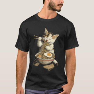 Japanischer Ramen Stil Süße Katze Isst Ramen Nudel T-Shirt