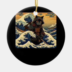 Japanischer Retro Samurai katzt die große Welle vo Keramik Ornament