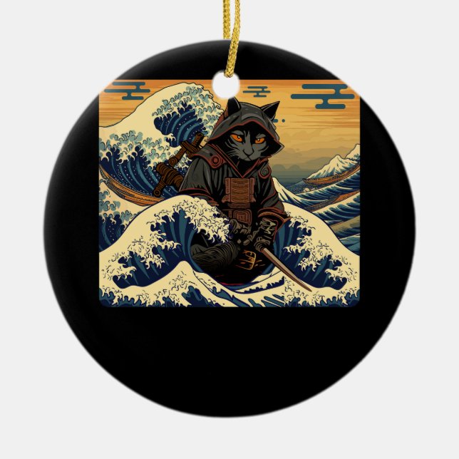 Japanischer Retro Samurai katzt die große Welle vo Keramik Ornament (Vorne)
