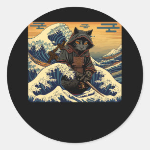 Japanischer Retro Samurai katzt die große Welle vo Runder Aufkleber