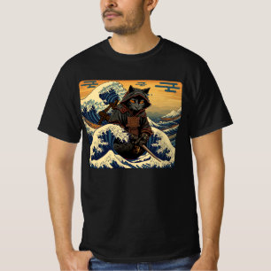 Japanischer Retro Samurai katzt die große Welle vo T-Shirt