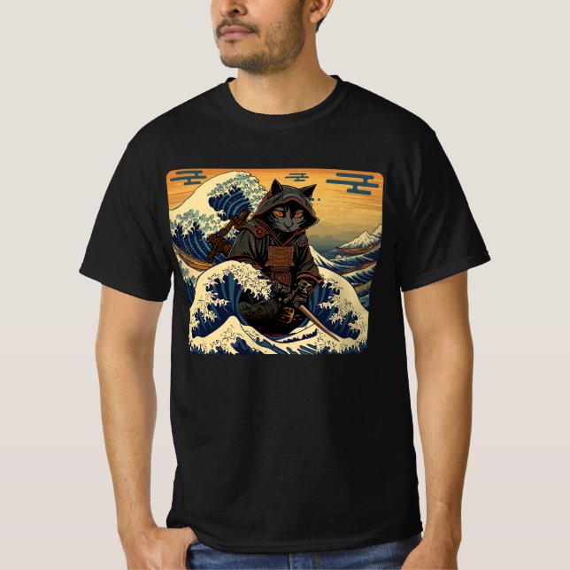 Japanischer Retro Samurai katzt die große Welle vo T-Shirt (Vorderseite)