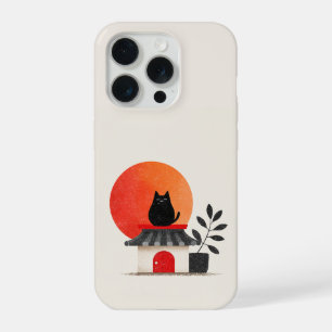 Japanischer Retro-Sonnenuntergang Schwarze Katze a iPhone 15 Pro Hülle