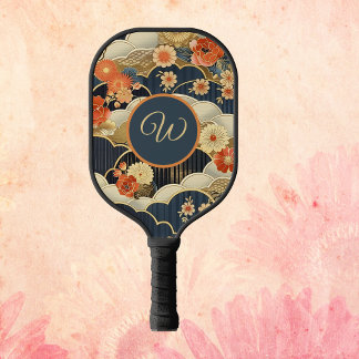 Japanischer Retro-Teal-Blumeninitial auf Wolken Pickleball Schläger