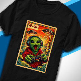 Japanischer Retro-Vintage-UFO-Alien-Lustiger Gamer T-Shirt