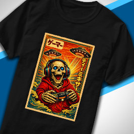 Japanischer Retro-Vintage-UFO-Skelett-Funny-Gamer T-Shirt