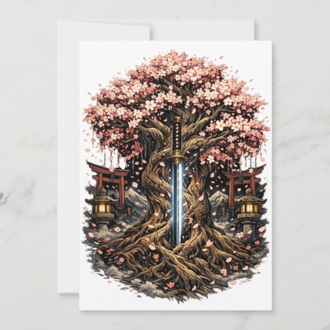 Japanischer Sakura-Baum & Katana Fantasy-Kunst Save The Date (Vorderseite)
