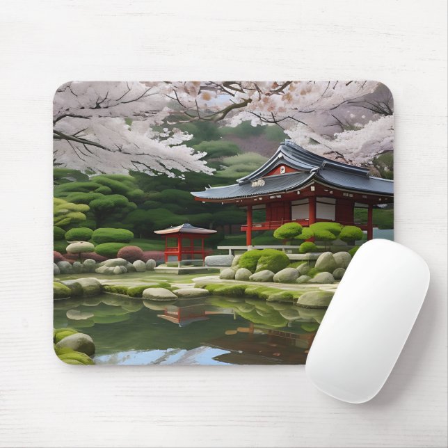 Japanischer Sakura Cherry Blossom Garden Shrine Po Mousepad (Mit Mouse)