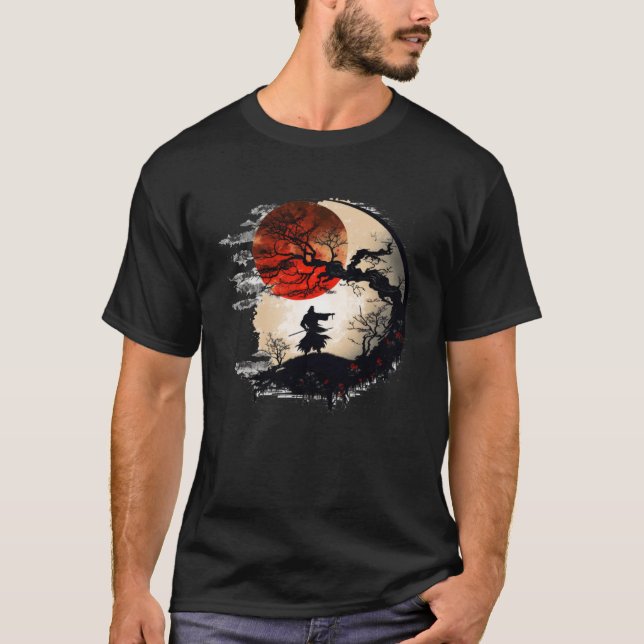 Japanischer Samurai Cherry Blossom Roter Mondbaum  T-Shirt (Vorderseite)