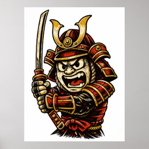 Japanischer Samurai-Krieger Rote Rüstung Cartoon-K Poster
