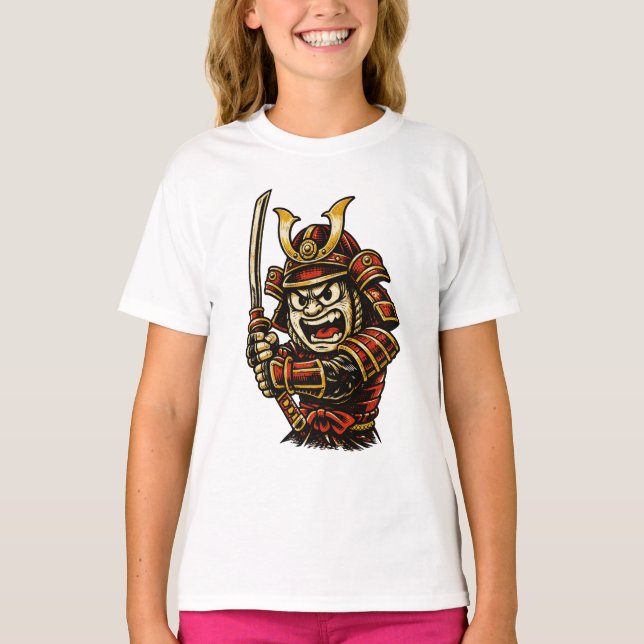 Japanischer Samurai-Krieger Rote Rüstung Cartoon-K T-Shirt (Vorderseite)