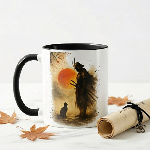 Japanischer Samurai-Krieger & schwarze Katze Kaff Tasse