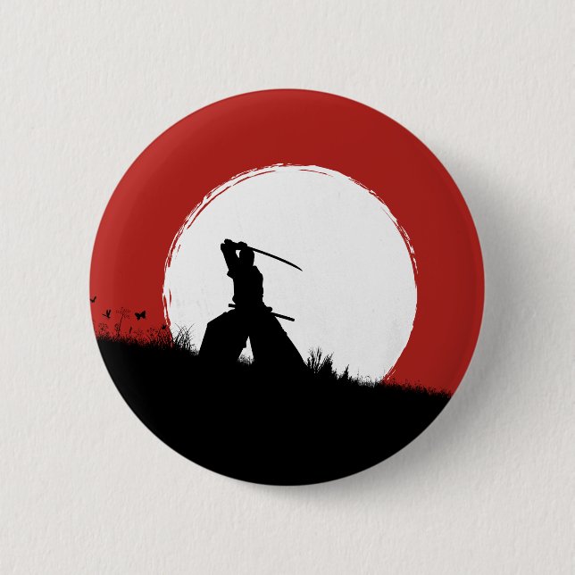 Japanischer Samurai-Krieger Silhouette Sonne Butto Button (Vorderseite)