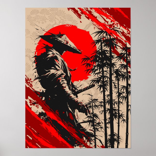 Japanischer Samurai-Krieger-Tuschewaschung Poster (Vorne)