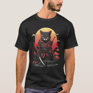 Japanischer Samurai Ninja Katze Retro Tattoo Grafi T-Shirt