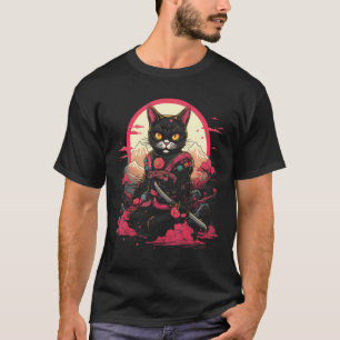 Japanischer Samurai Ninja Katze Retro Tattoo Grafi T-Shirt
